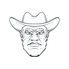 Hand drawn cowboy. Wild west concept. Western. Cowboy head in a hat. Vector artwork