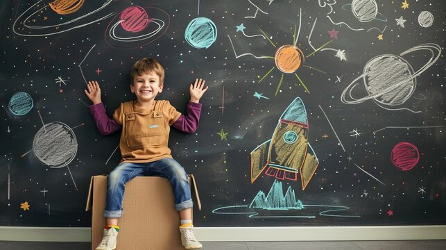 A happy child wearing a cardboard rocket and standing in front of a wall has drawn a space scene with planets and stars. This image shows a child's dream to become an astronaut or scientist