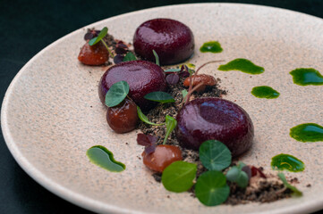 Delectable fine dining beets, marinated to perfection, plated artistically with fresh greens and...