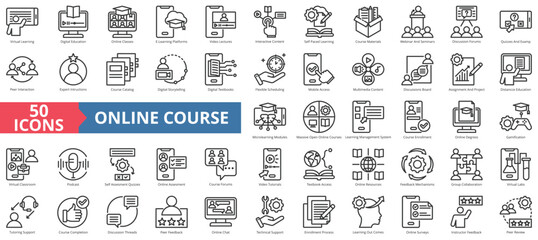 Online course icon collection set. Containing digital education, virtual learning, platform, video lecture, interactive content, self paced, course materials icon. Simple line vector.