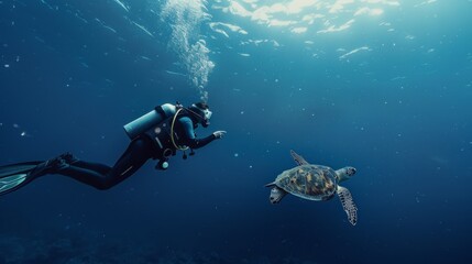 A scuba diver admiring a sea turtle as it gracefully swims by in the deep blue sea - obrazy, fototapety, plakaty