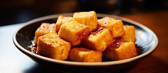 Fried tofu in bowl on table