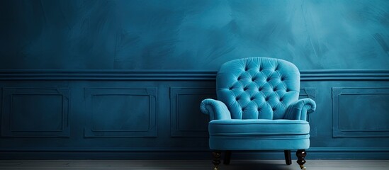 Blue chair in dim room against blue wall - obrazy, fototapety, plakaty