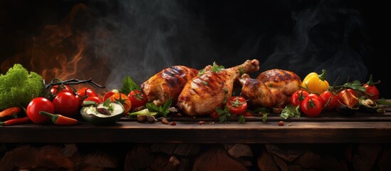 Chicken grilling with assorted veggies - obrazy, fototapety, plakaty