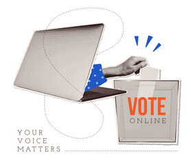 Presidential election promo collage with halftone hand putting ballot in voting box sticking out from laptop screen. Collage for US Election 2024 campaign. Vote day, November 5. Trendy vector design.