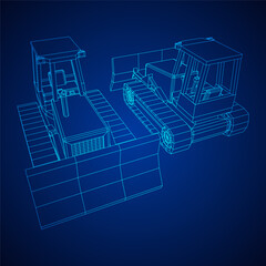 Big front-end loader bulldozer. Heavy equipment machine and manufacturing equipment for mining. Wireframe low poly mesh vector illustration.