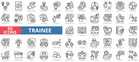 Trainee icon collection set. Containing learn skill, instruction, on the job training, gain knowledge, practical experience, entry level employee, trainee program, development icon. Simple line vector