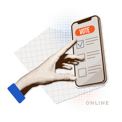 Collage for online election. Trendy vintage banner with halftone hand sticking out from phone and pushing voting button. Collage for US Election 2024 campaign. Vote day November 5. Vector illustration