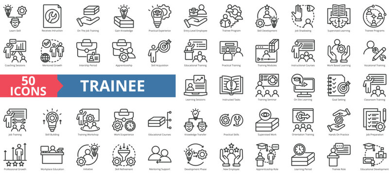 Trainee icon collection set. Containing learn skill, instruction, on the job training, gain knowledge, practical experience, entry level employee, trainee program, development icon. Simple line vector