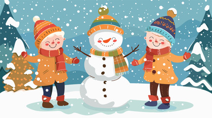 Children making a snowman in winter. Cute vector illustration