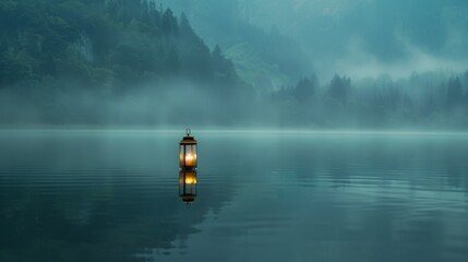 A solitary floating lantern drifting peacefully on a tranquil lake, embodying serenity and calmness. - obrazy, fototapety, plakaty
