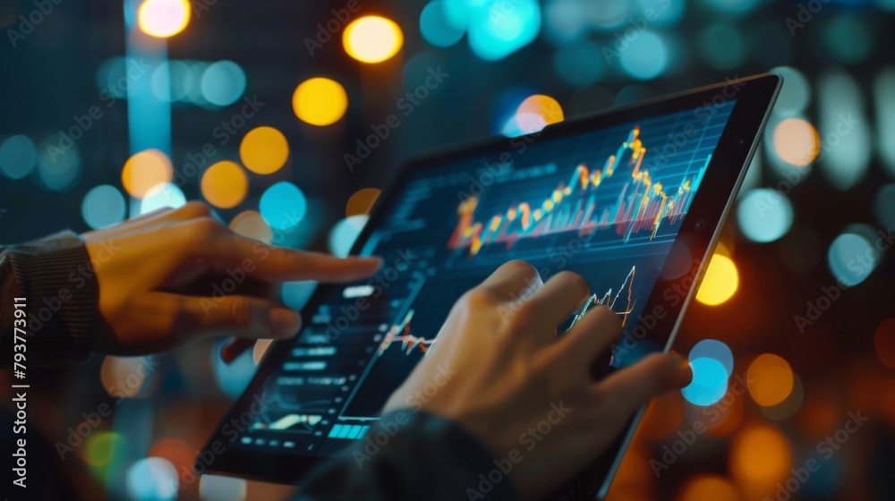 Aufkleber a trader analyzing stock market graphs on a digital tablet, depicting investment strategies and mark