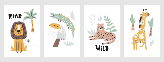 Obraz premium Childish jungle poster with cute lion, crocodile, giraffe, leopard, toucan. Perfect for fabric, textile, nursery posters. Vector