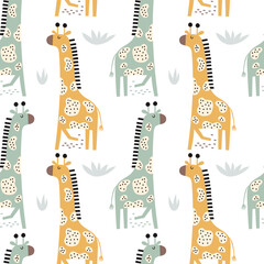 Seamless childish jungle pattern with cute giraffe. Perfect for fabric, textile, nursery posters. Vector