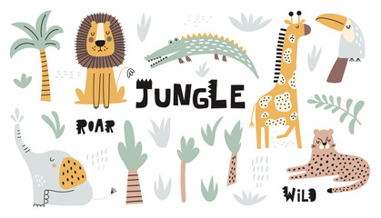 Obraz premium Childish jungle set with cute lion, crocodile, giraffe, elephant, leopard, toucan. Perfect for fabric, textile, nursery posters. Vector