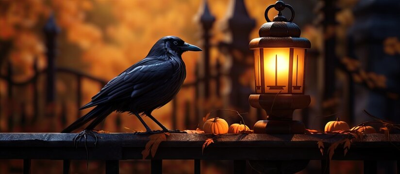 A bird perched on fence near lantern