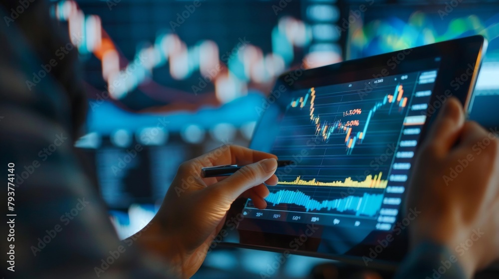Fototapete a trader analyzing stock market graphs on a digital tablet, depicting investment strategies and mark