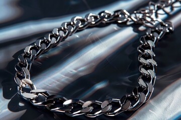 Elegant 925 sterling silver cuban chain link on a background surface showcasing a luxurious design and reflective quality. Product design inspiration for jewelry - obrazy, fototapety, plakaty
