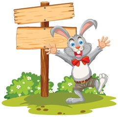 Happy cartoon rabbit standing by a signpost