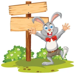 Foto op geborsteld aluminium Kinderen Happy cartoon rabbit standing by a signpost