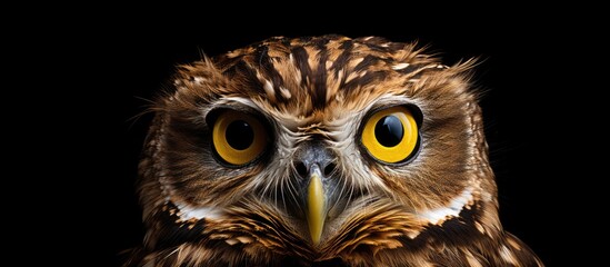 Brown owl with yellow eyes on black background