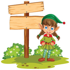 Vector illustration of a happy elf near sign