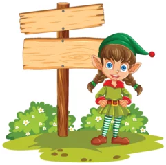 Washable wall murals Kids Vector illustration of a happy elf near sign
