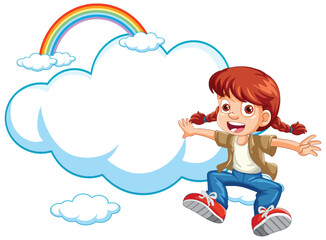 Happy cartoon girl sitting on fluffy clouds, rainbow background