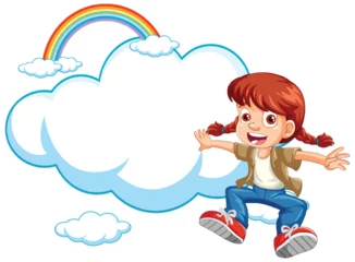 Washable wall murals Kids Happy cartoon girl sitting on fluffy clouds, rainbow background