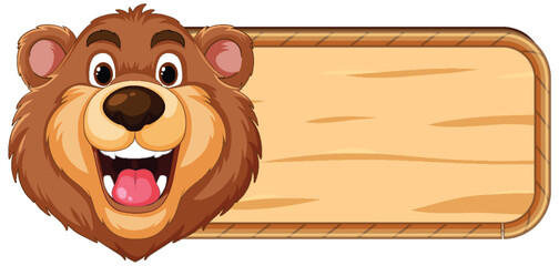 Happy cartoon bear presenting an empty wooden sign.