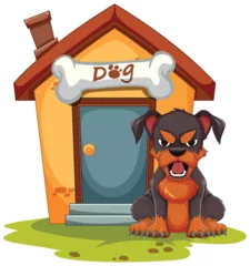 Washable wall murals Kids Cartoon dog sitting by its kennel