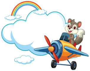 Cartoon squirrel flying a plane with rainbow
