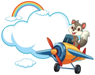 Plexiglas keuken achterwand Kinderen Cartoon squirrel flying a plane with rainbow