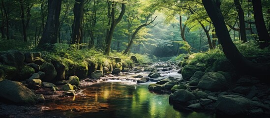 River Flowing Through Vibrant Forest with Rocky Terrain
