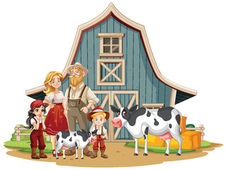 Vector illustration of a family and animals on a farm.