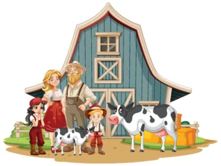 Wall murals Kids Vector illustration of a family and animals on a farm.