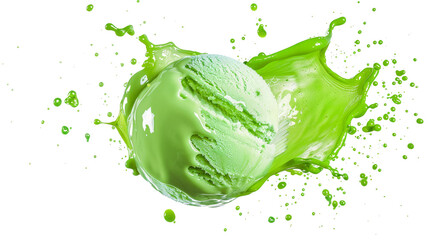 Fresh Green Ice Cream Scoop with Splash on the transparent background, PNG Format