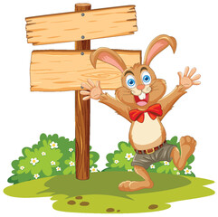 Happy cartoon rabbit standing by a signpost.