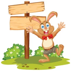 Washable wall murals Kids Happy cartoon rabbit standing by a signpost.