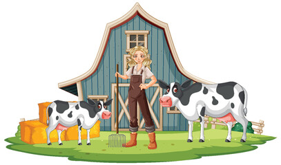 Illustration of a farmer with cows near a barn.