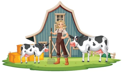 Washable wall murals Kids Illustration of a farmer with cows near a barn.