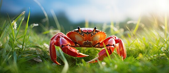 A crab in grass under bright sun - obrazy, fototapety, plakaty