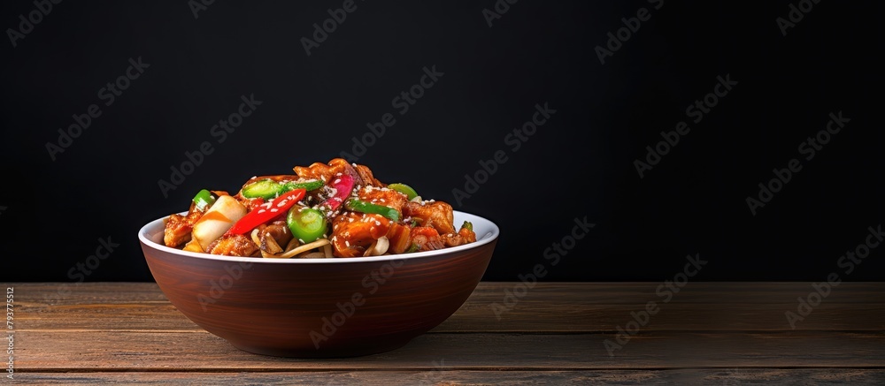 Poster Bowl of hearty food on rustic table