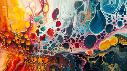 A captivating display of liquid abstraction unfolds, as vivid hues intertwine in a mesmerizing dance of color.
