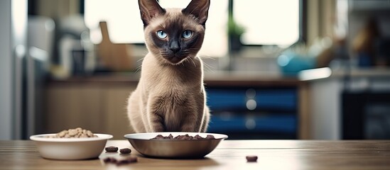 Cat sitting table bowl food - obrazy, fototapety, plakaty