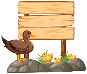 Cartoon ducks beside a blank wooden signboard.