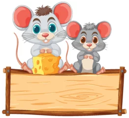 Velours gordijnen Kinderen Two cute mice sharing cheese on a wooden sign.