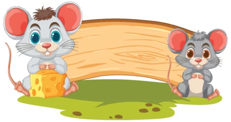 Glasschilderij Kinderen Two cute mice with cheese under a wooden log