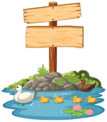 Glasschilderij Kinderen Ducks and signpost beside a tranquil pond