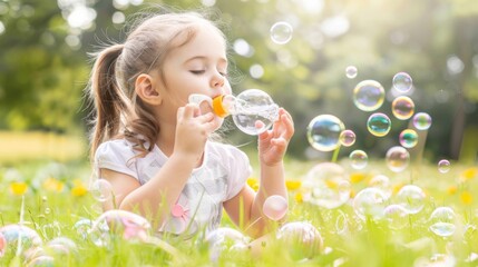 Adorable toddler blowing bubbles and making a mess during a fun outdoor activity